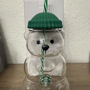 Bear Glass Cup with Green Lid and Straw
